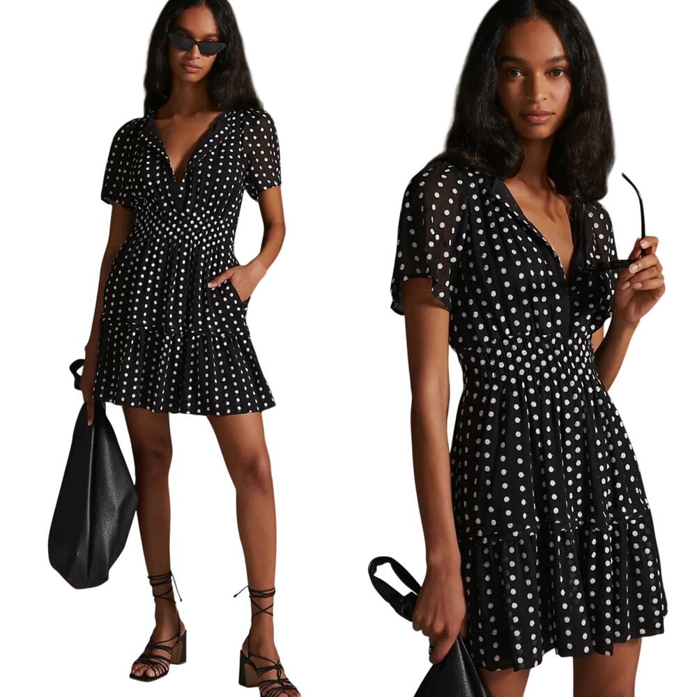 Anthropologie Somerset Mini Dress Tiered A Line Polka Dot Print Black White